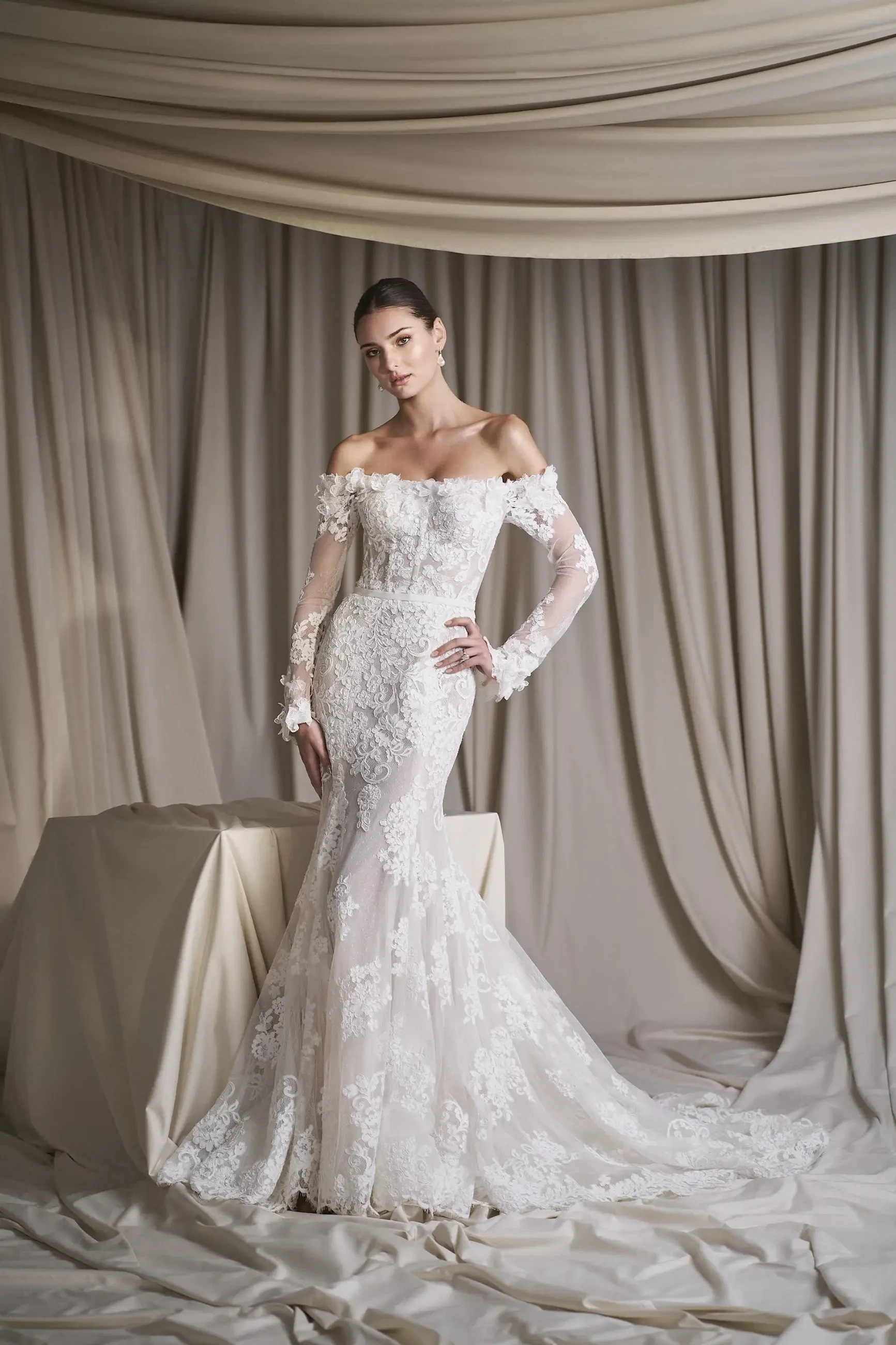 model is wearing a lace off the shoulder fit and flare bridal gown with 3d floral appliques
