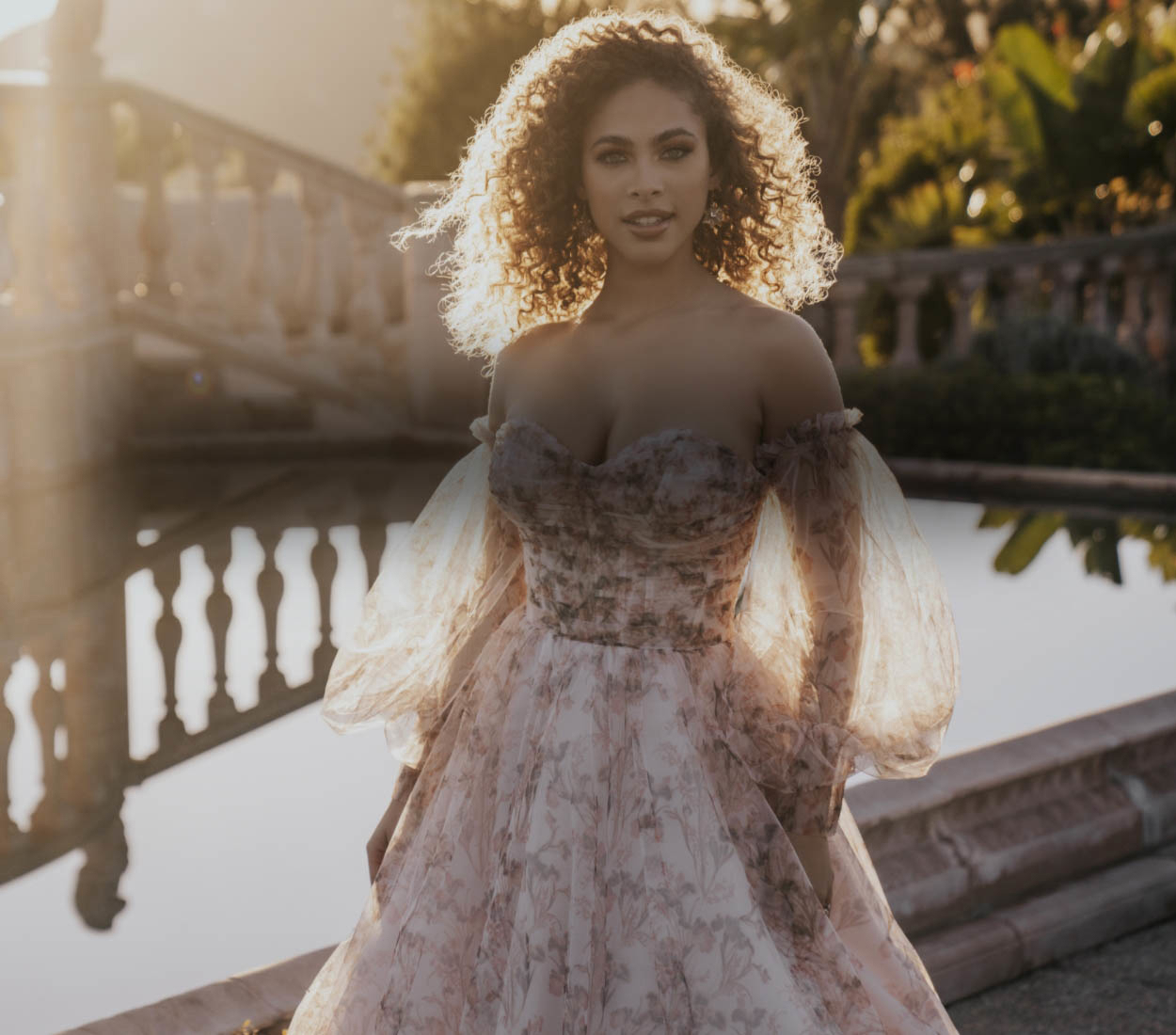 Model wearing a white bridal gown