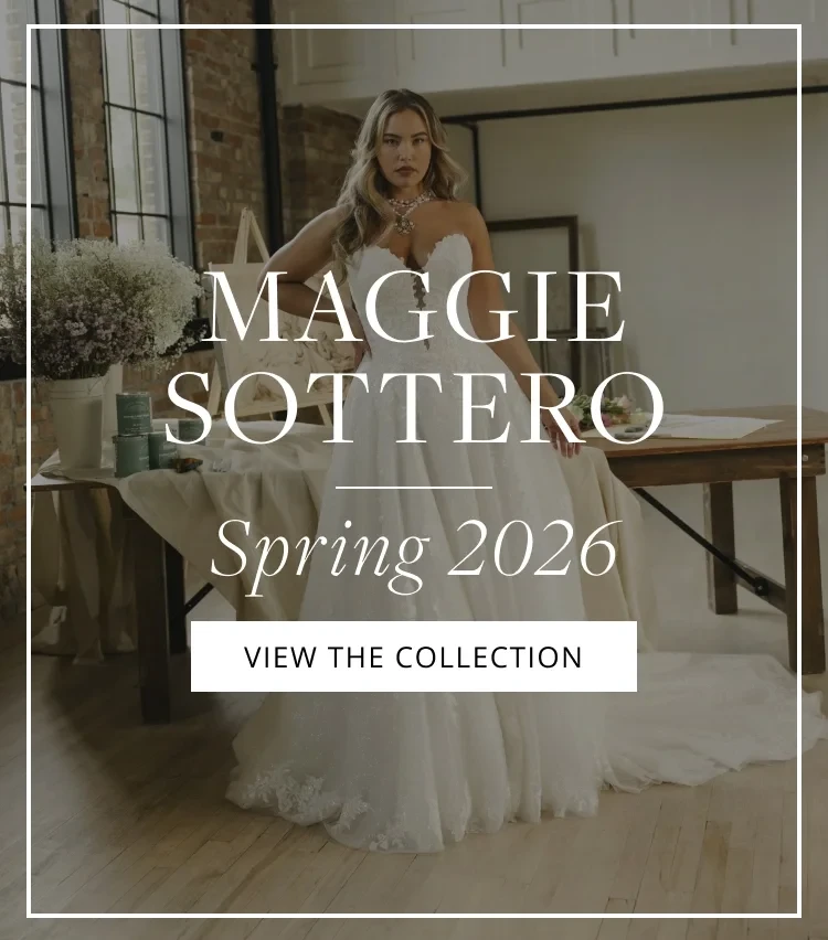 Model wearing Maggie Sottero bridal dress, mobile banner