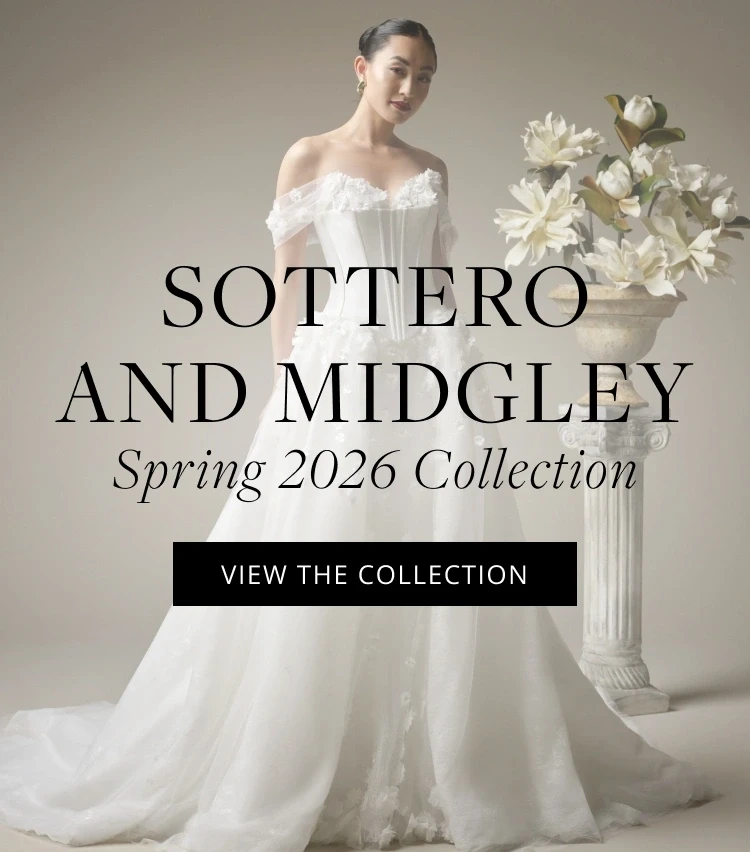 Model wearing Sottero and Midgley bridal gown, mobile banner