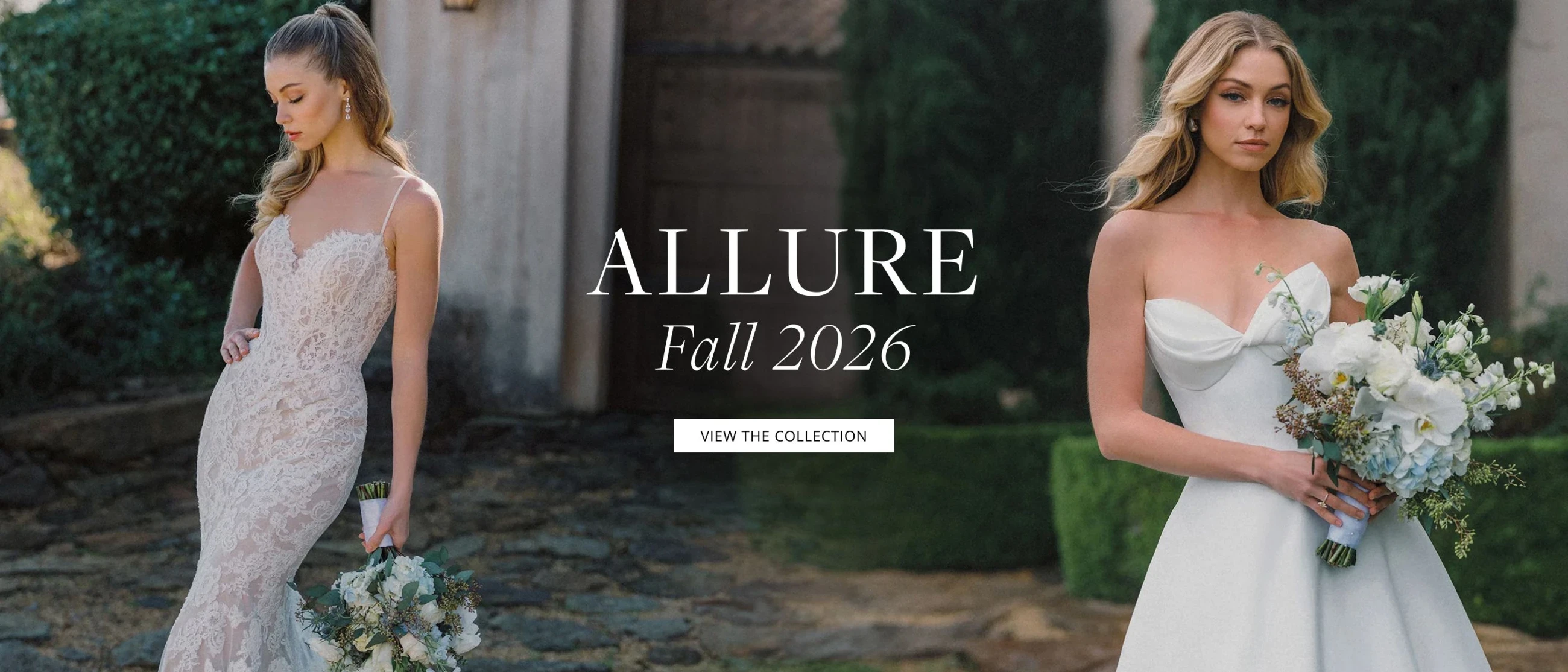 Models wearing Allure Bridal dresses, Fall 2026 desktop banner