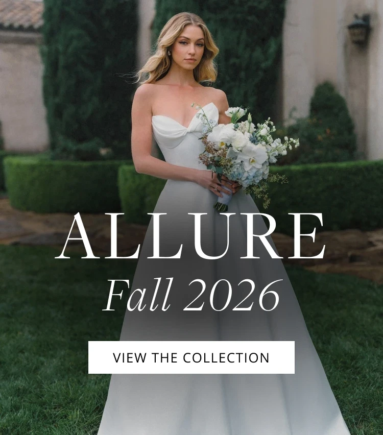Model wearing Allure Bridal dress, Fall 2026 mobile banner