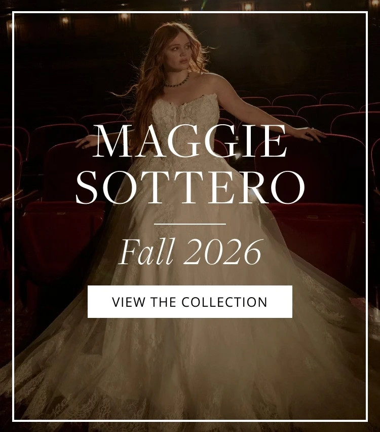 Model wearing Maggie Sottero bridal dress, Fall 2026 mobile banner
